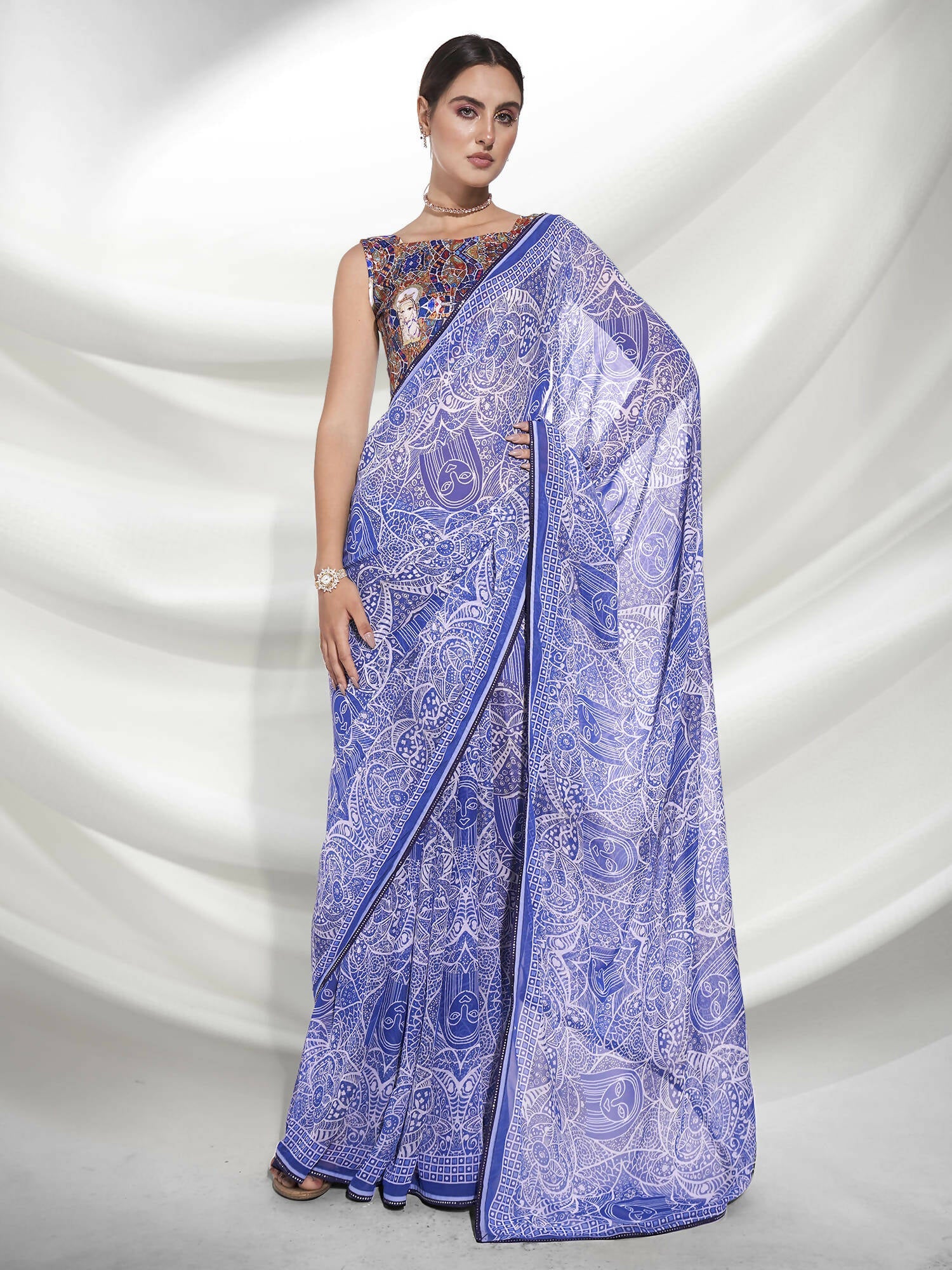 Blue Georgette Floral Printed Saree With Unstitched Blouse Piece - Rajal