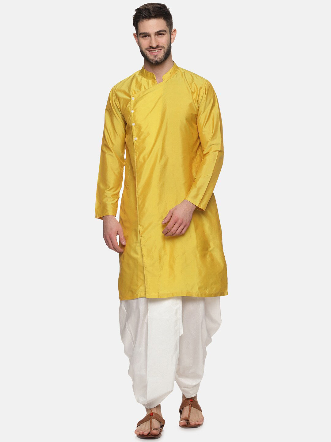 Sethukrishna Men Yellow Angrakha Top with Dhoti Pants