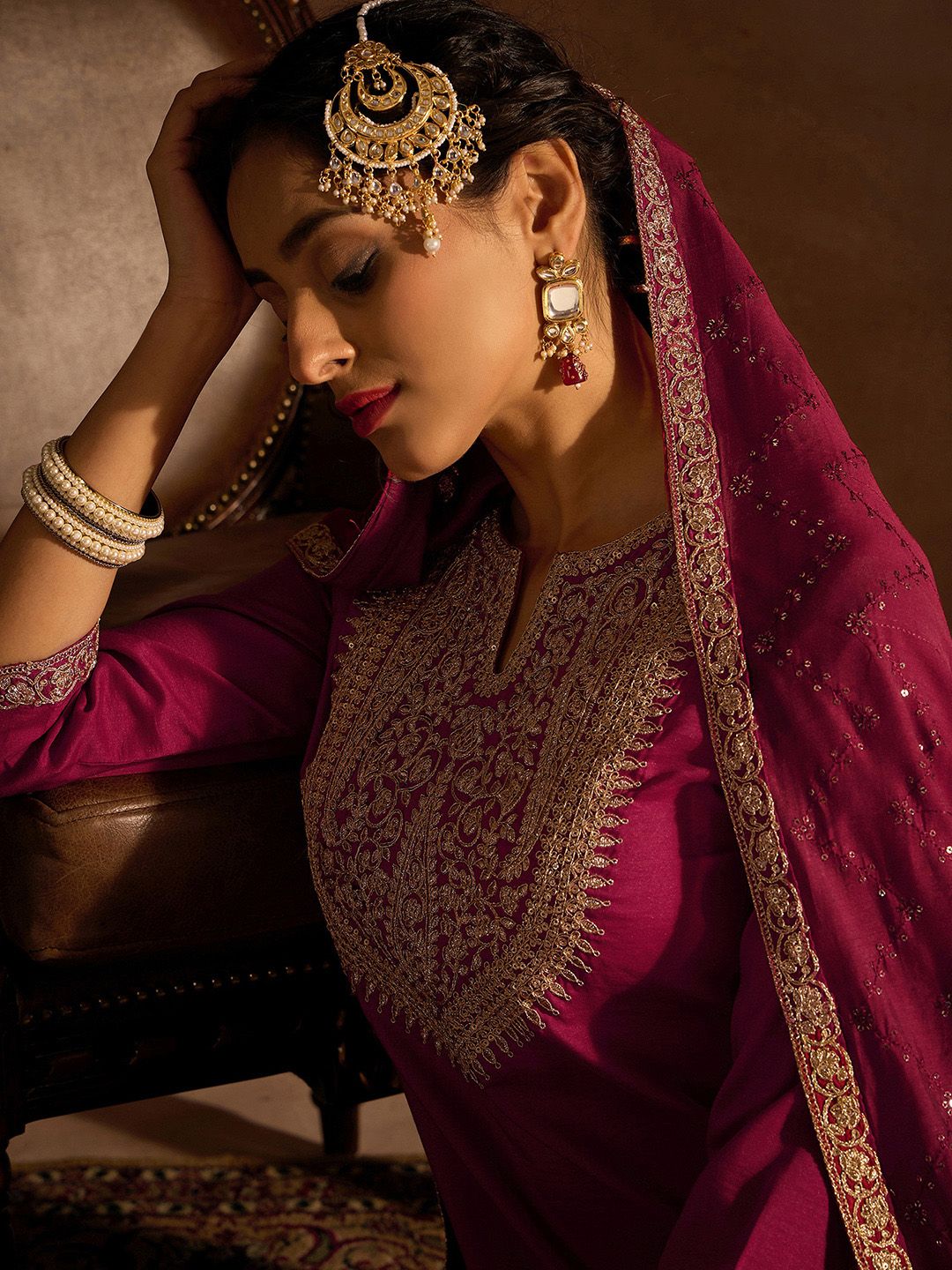 Indo Era Red Floral Embroidered Regular Kurta with Trousers & Dupatta