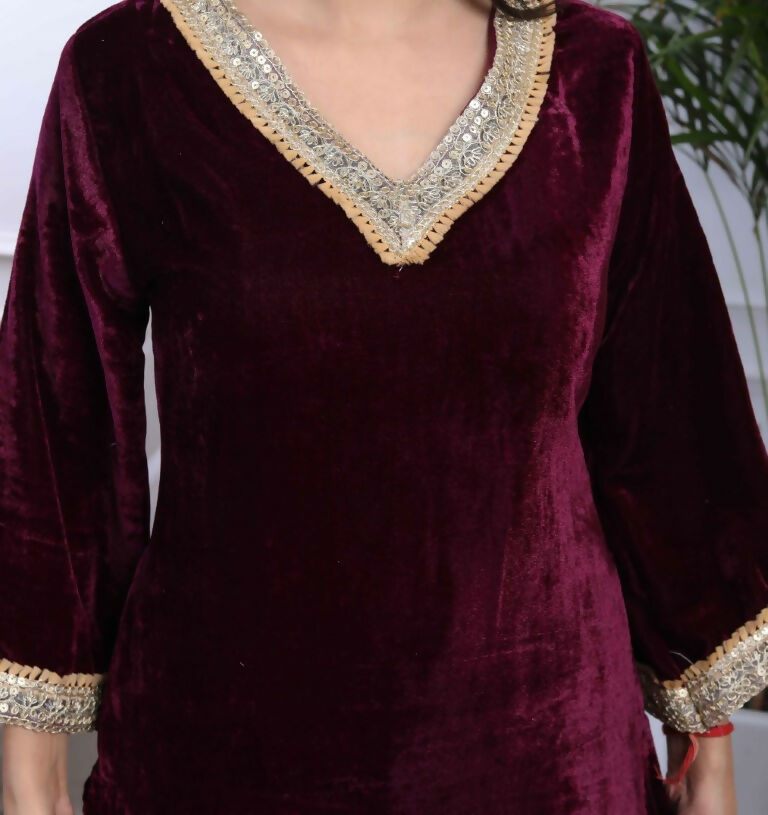 Miravan Women's Wine Embroidered Velvet Co-ord Set