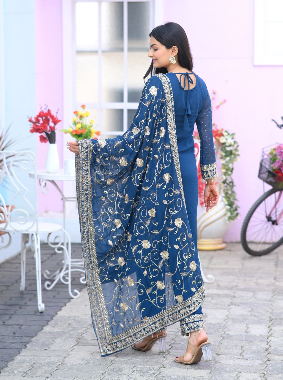 Yash Enterprise Alluring Fox Georgette Blue Embroidery Work Readymade Salwar Suit