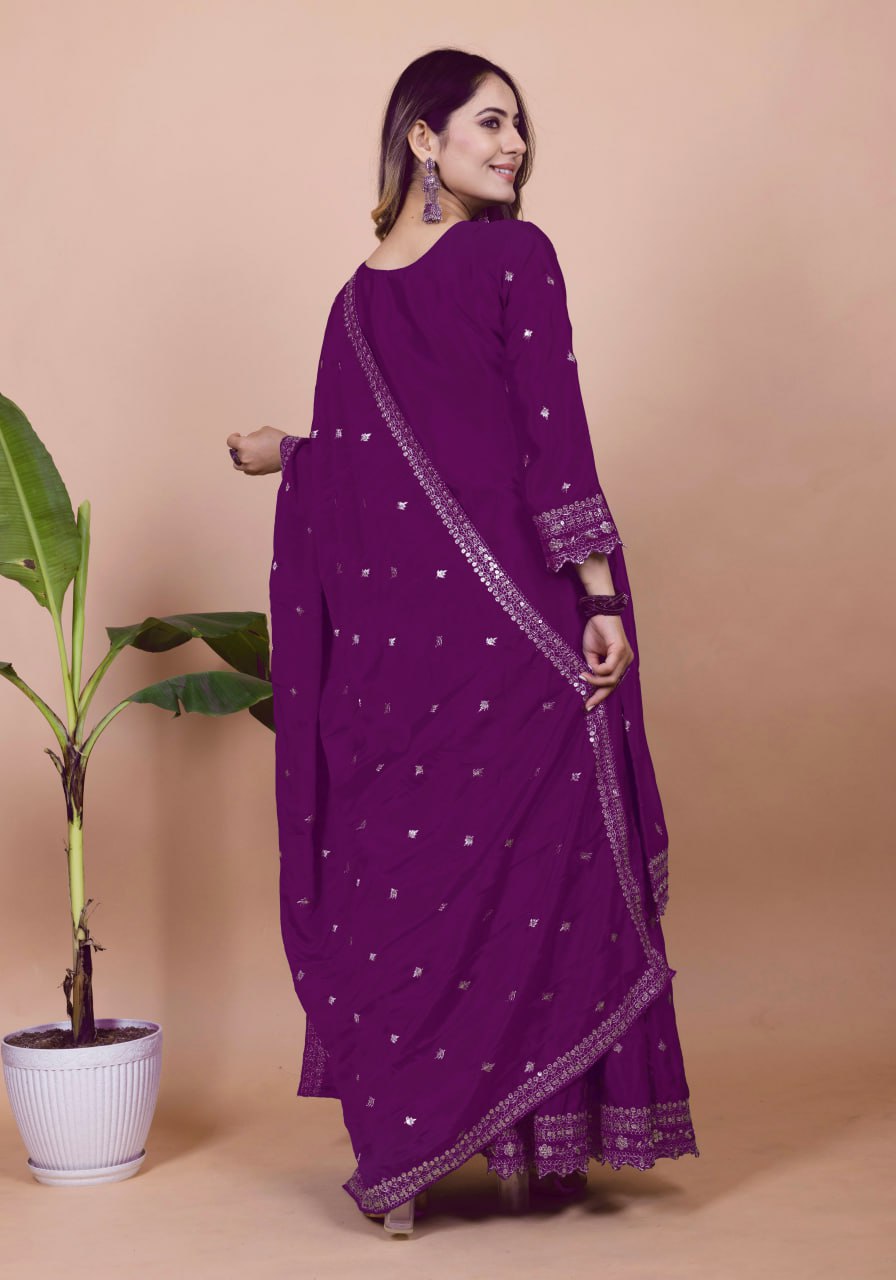 Yash Enterprise Purple Chinon Silk Embroidery Party Wear Suit Set