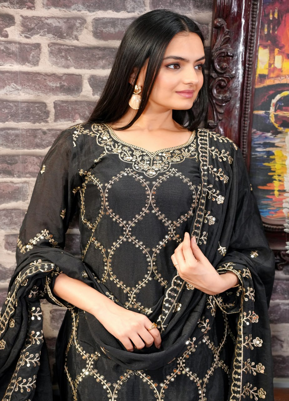 Yash Enterprise Black Chinon Silk Party Wear Embroidery Party Wear Suit Set