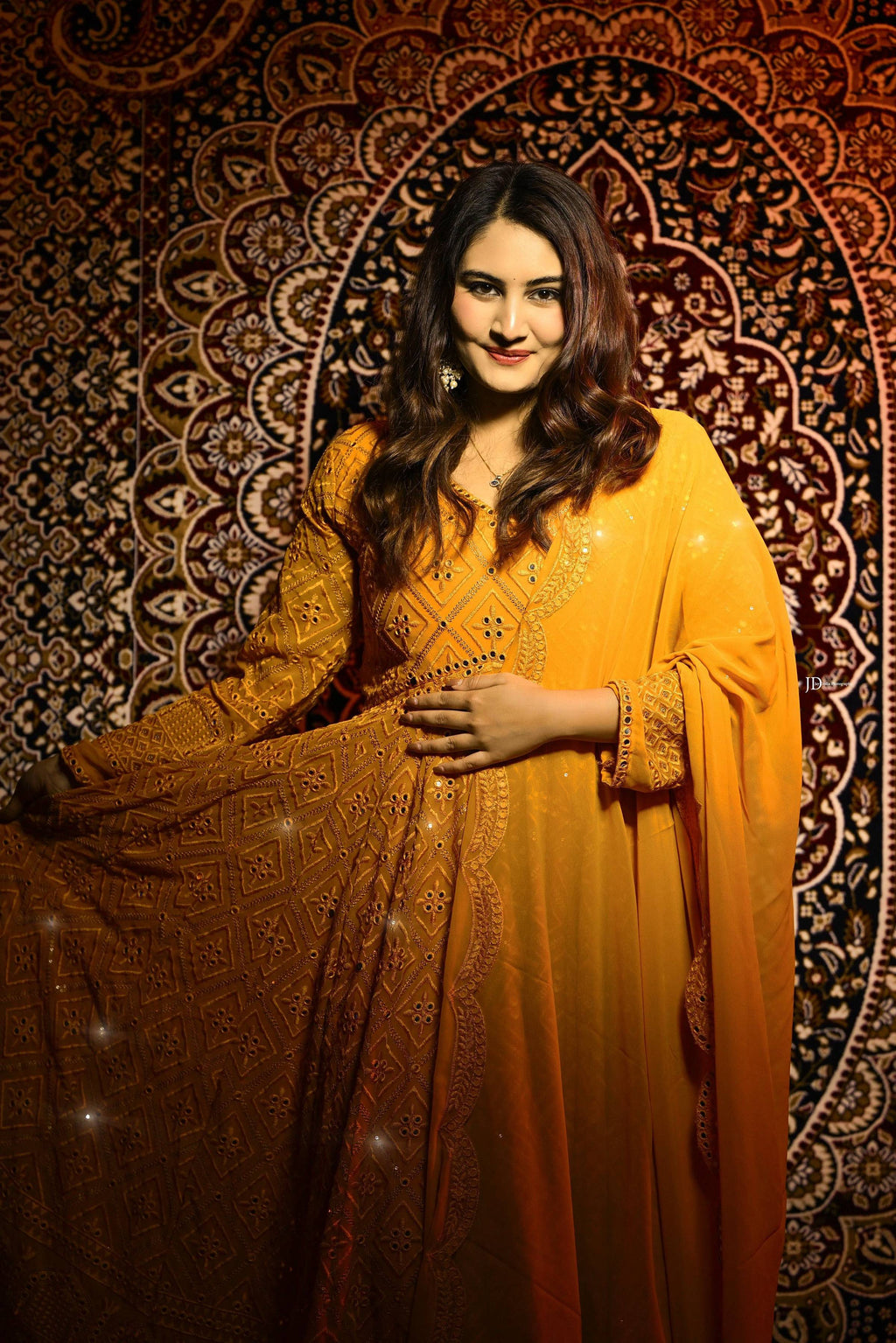 Yash Enterprise Beautiful Yellow Faux Embroidered Wedding Wear Gown With Dupatta
