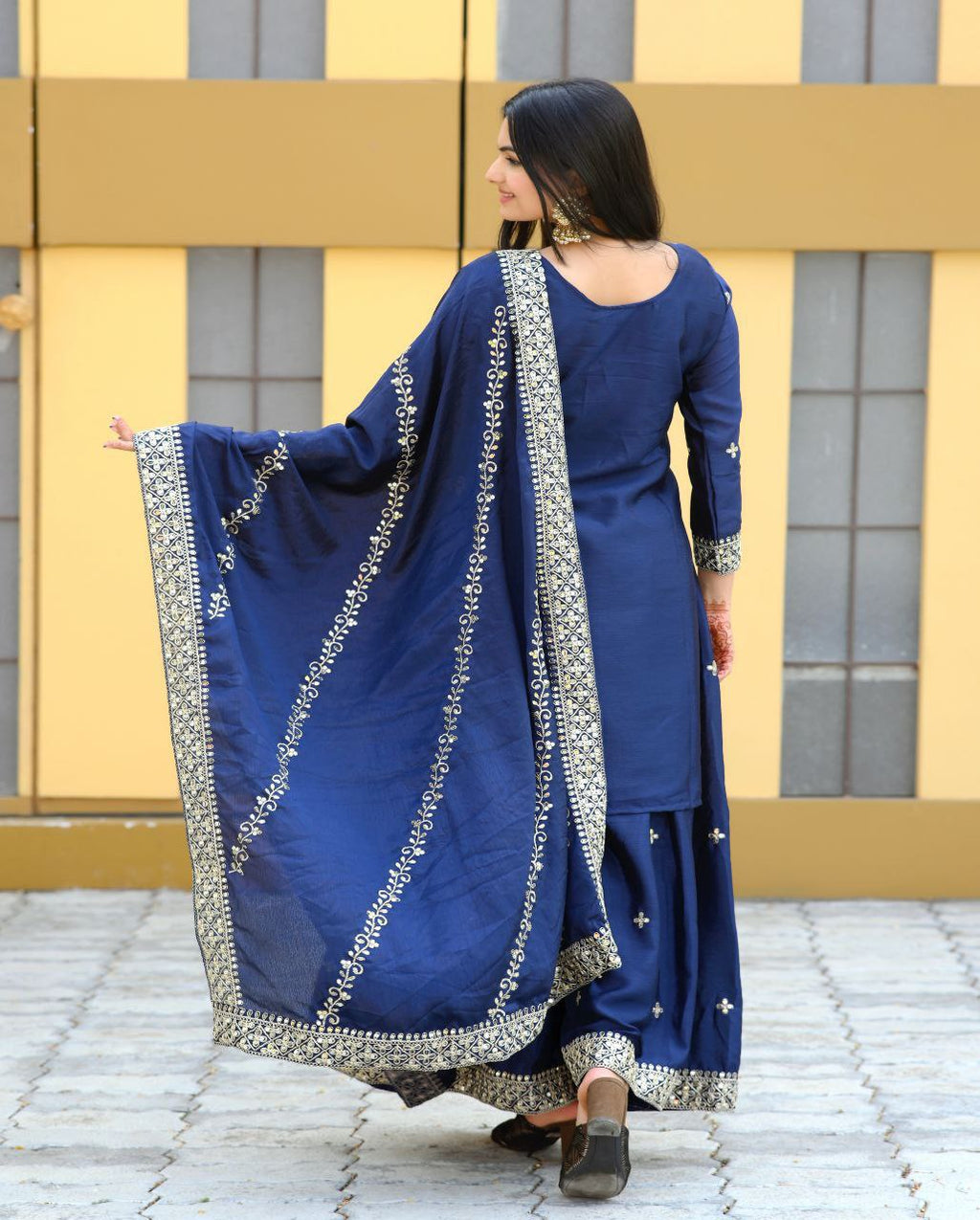 Yash Enterprise Alluring Chinon Silk Navy Blue Embroidery Work Readymade Salwar Suit