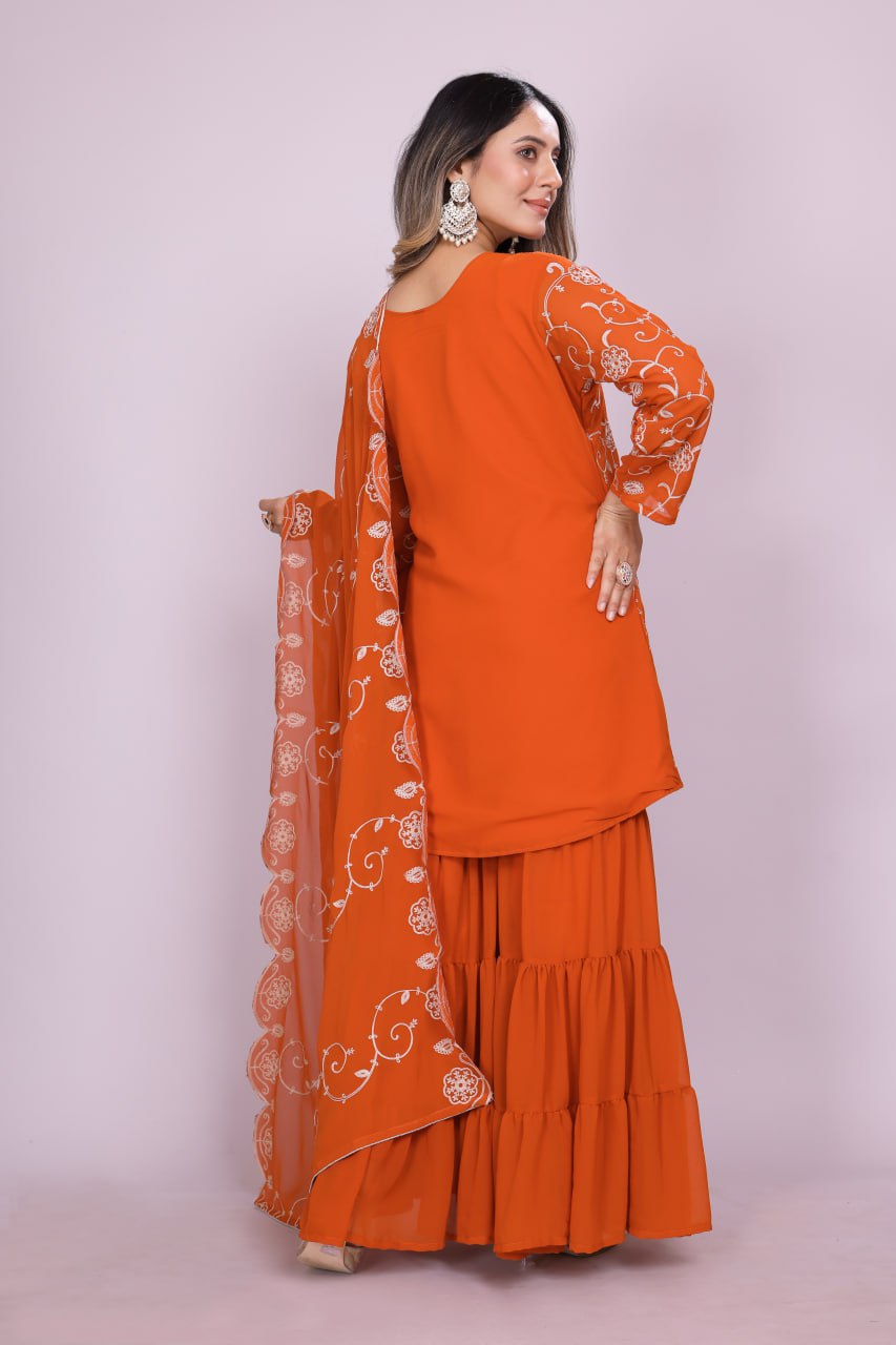 Yash Enterprise Orange Chinon Silk Party Wear Embroidery Suit Set