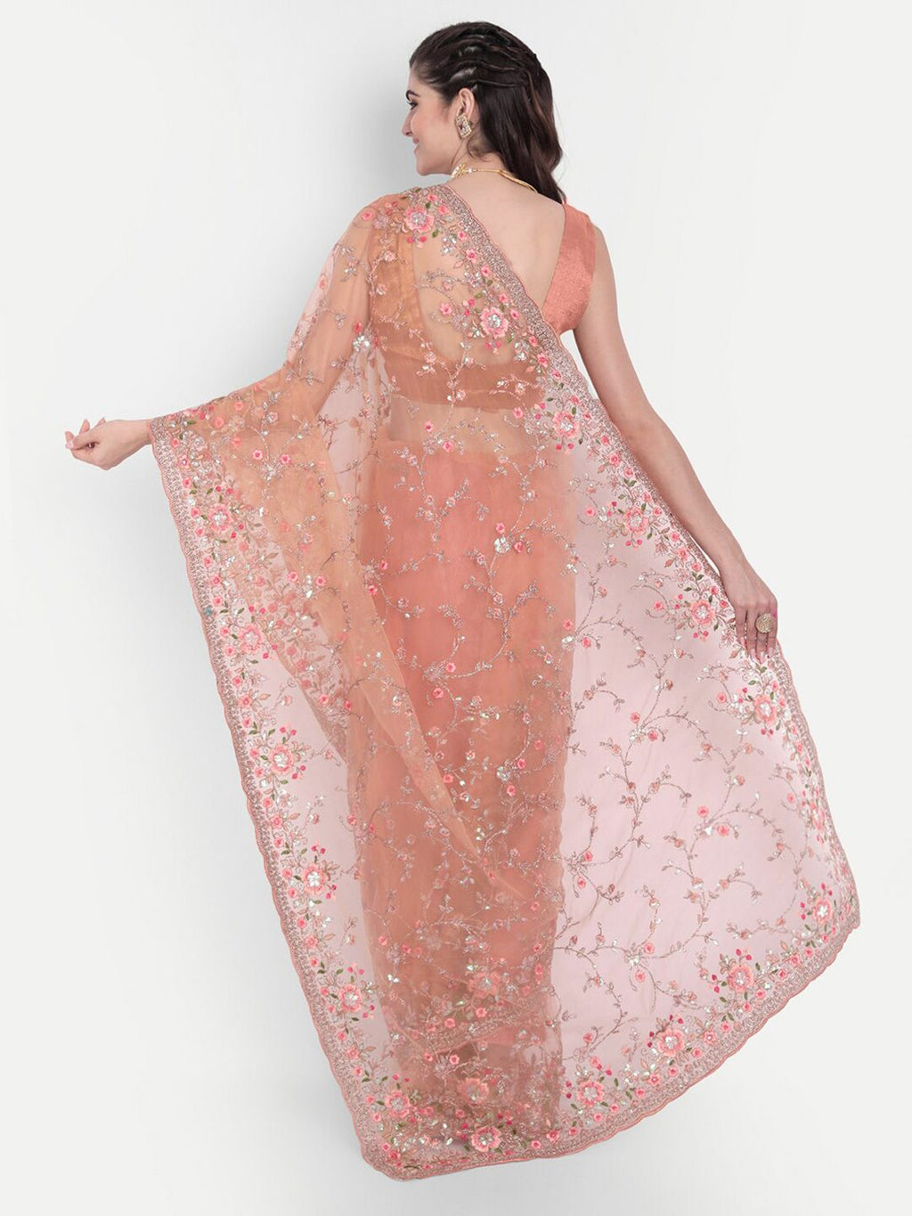 kasee Women Peach-Coloured Floral Embroidered Net Saree