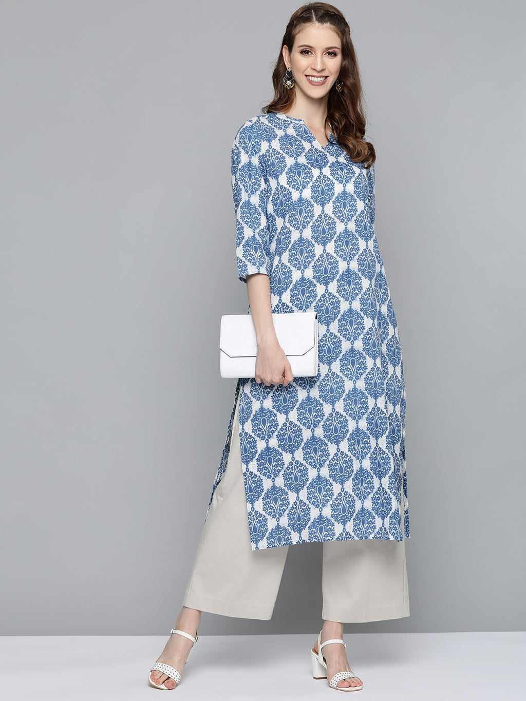 HERE&NOW Women Blue & White Printed Straight Kurta