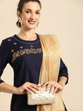 All About You Women Navy Blue Floral Thread Work Kurta with Trousers & With Dupatta