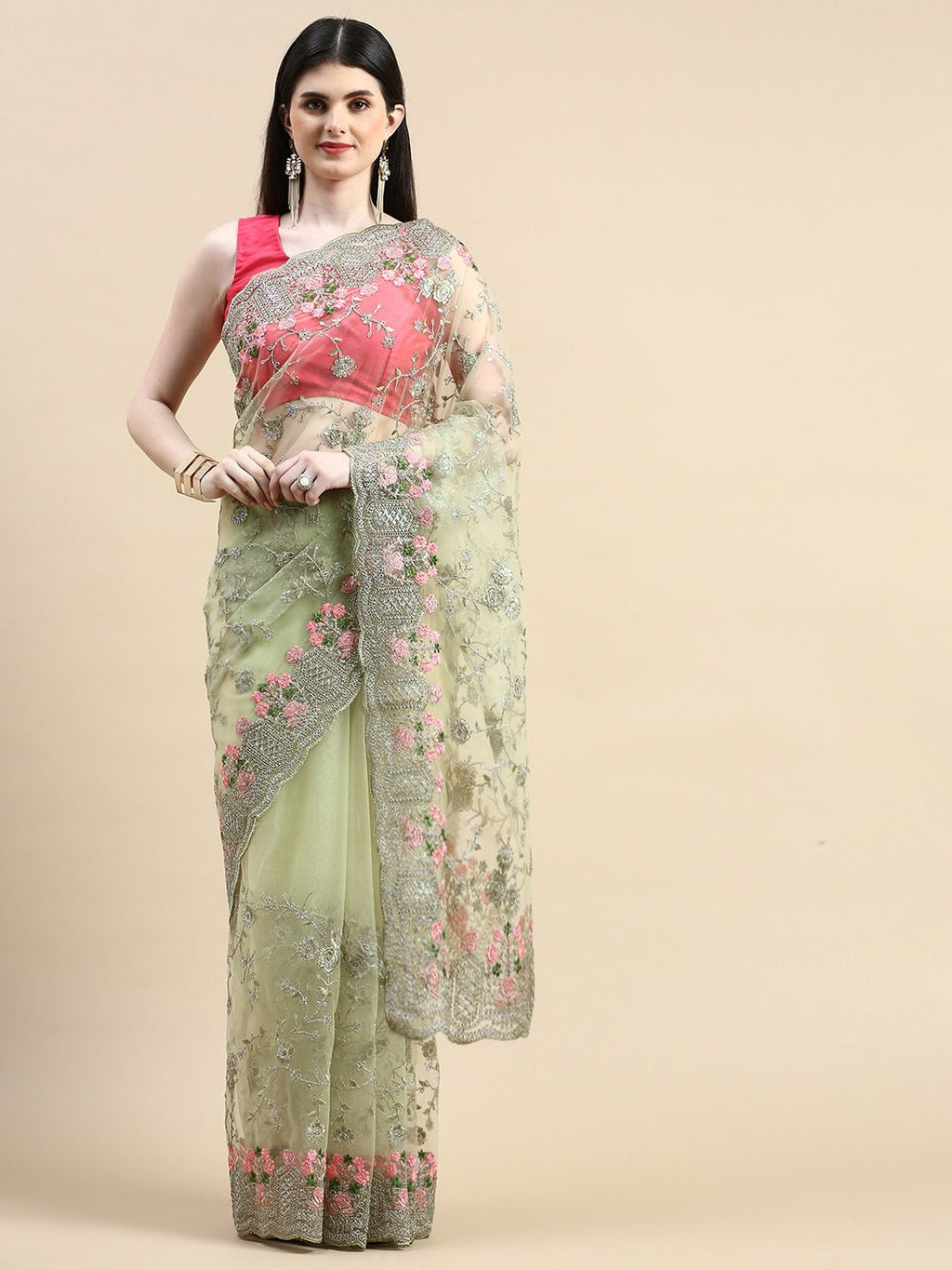 kasee Floral Embroidered Zari Net Saree