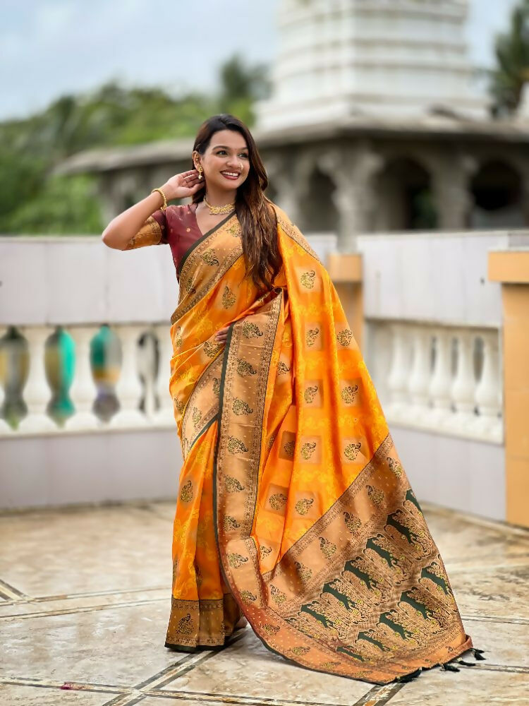 PR Fashion Mustard Orange Soft Banarasi Silk With Zari Weaving Meenakari Design Saree
