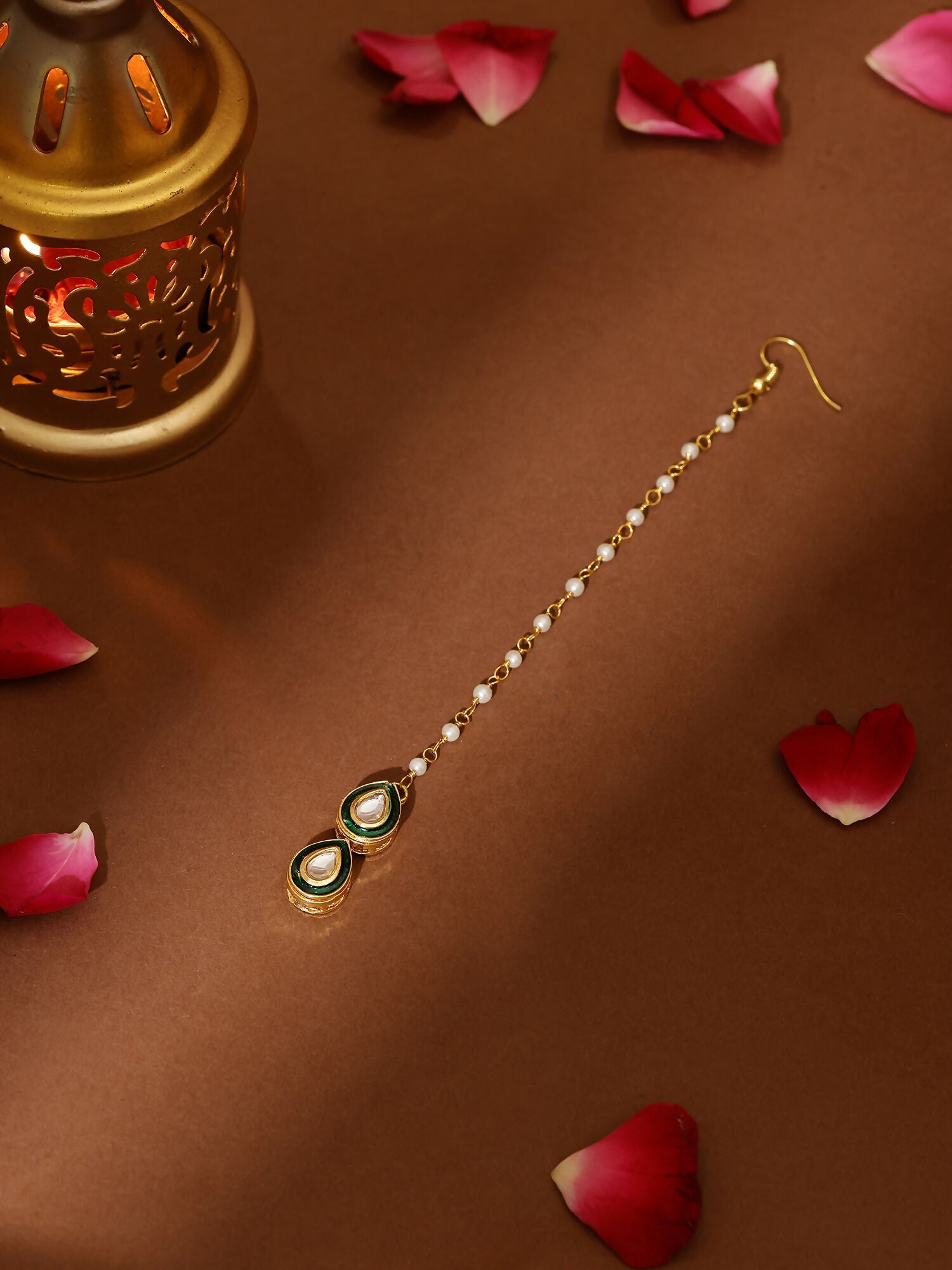 Ruby Raang Green Double Teardrop Kundan Maang Tikka with Meenakari