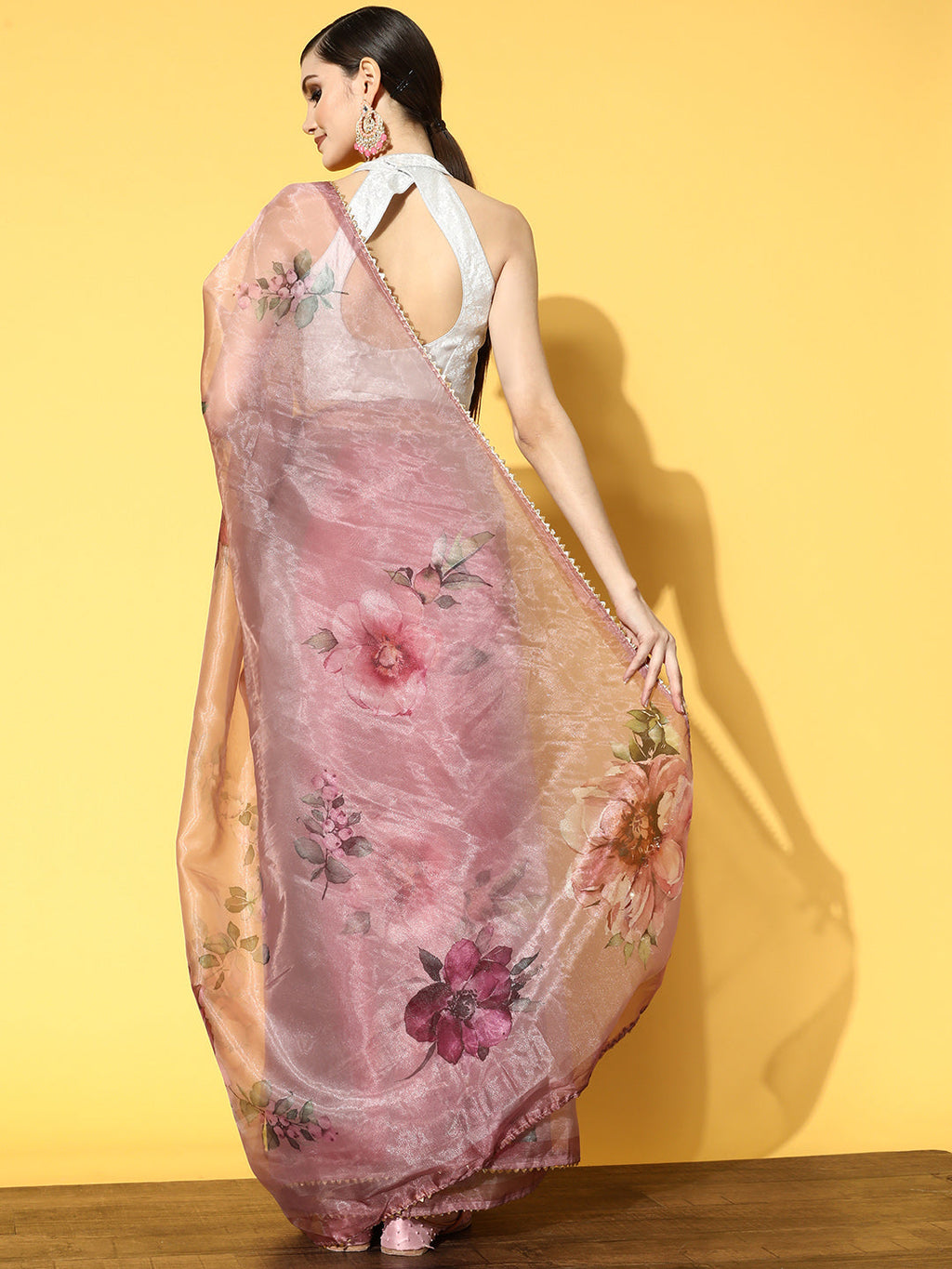 Tikhi Imli Pink & Green Floral Organza Saree
