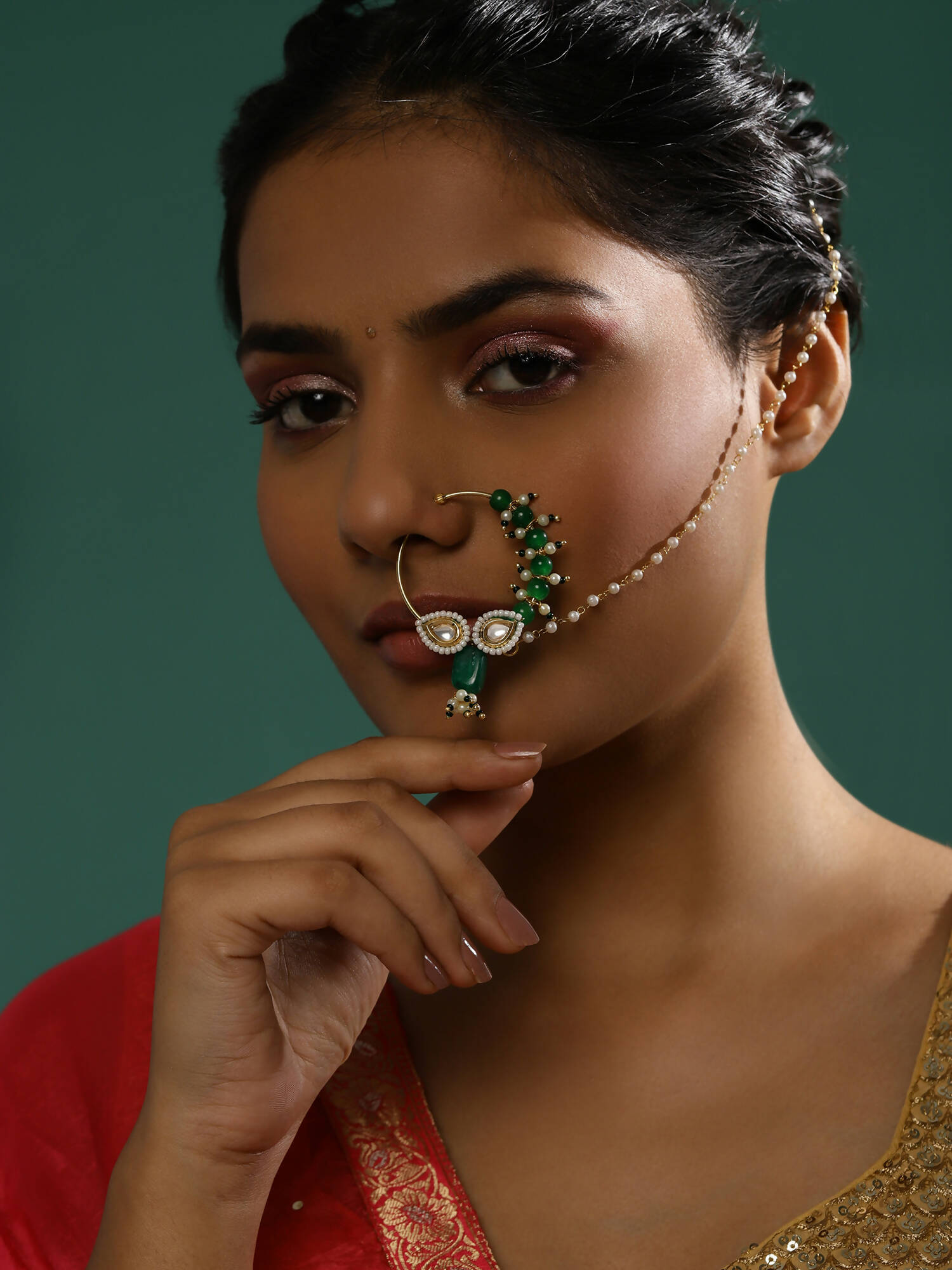 Gold-Polished White Green Kundan Studded Beaded Chain Nose Pin - Ruby Raang