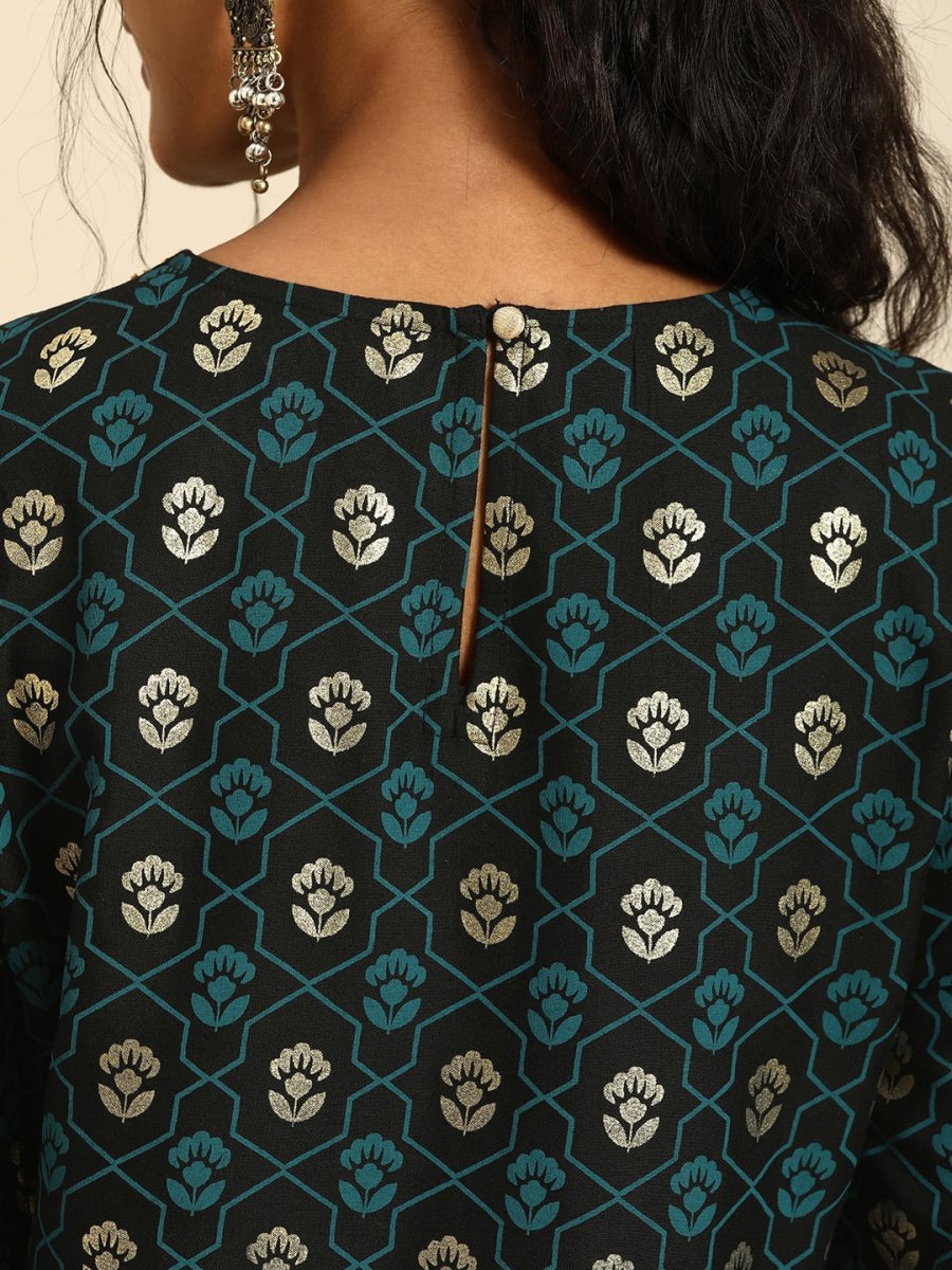All About You Women Black & Gold-Toned Floral Printed Regular Kurta with Trousers