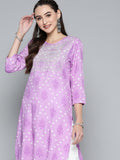HERE&NOW Women Purple & White Ethnic Motifs Printed Embroidered Work Kurta