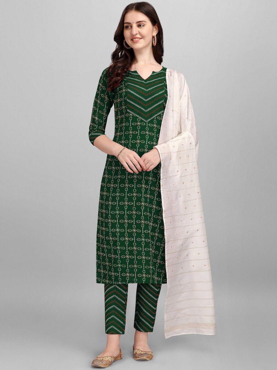 HERE&NOW Green & White Geometric Printed Pure Cotton Kurta With Trousers & Dupatta