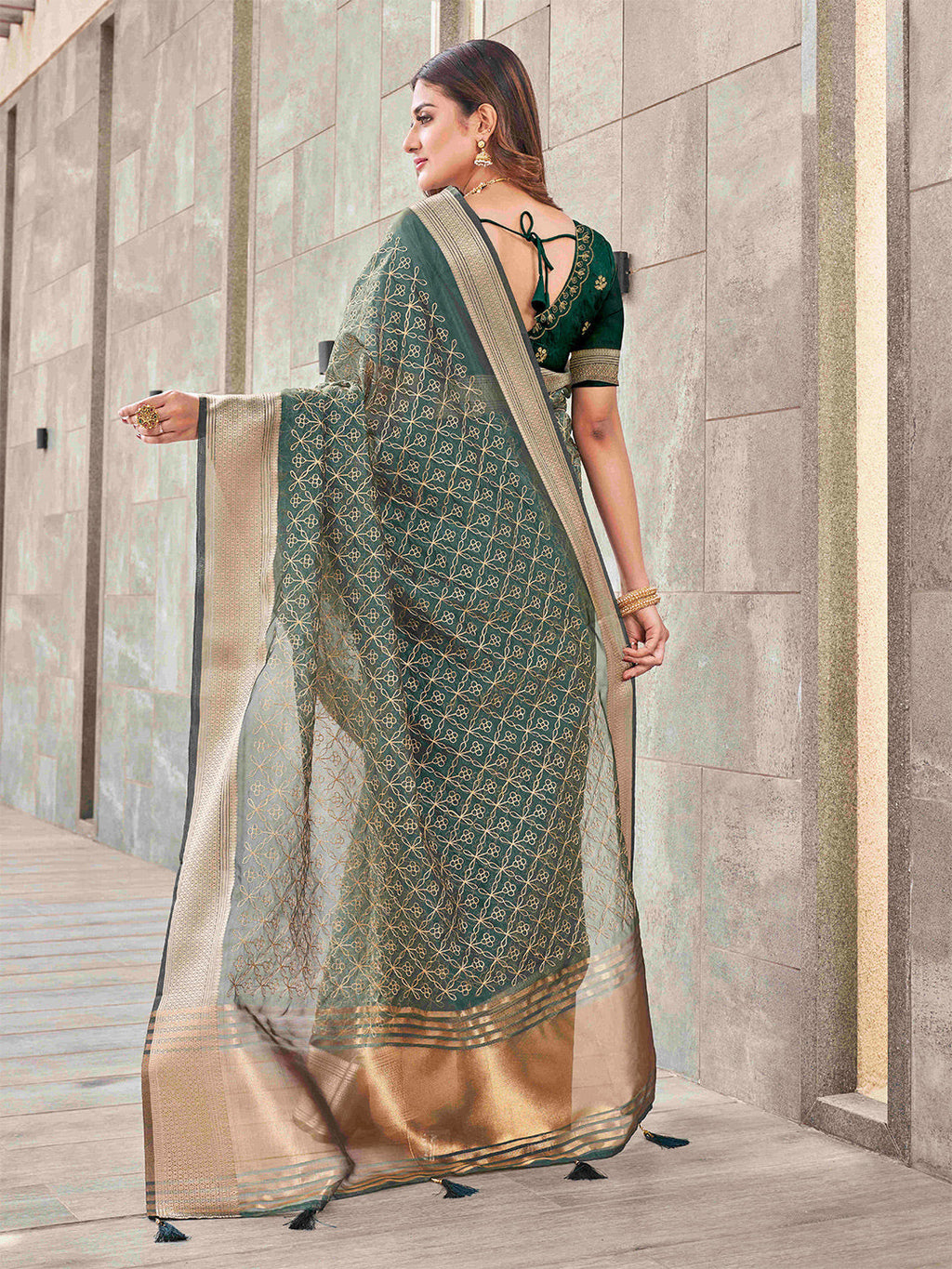 Tikhi Imli Olive Floral Embroidered Zari Organza Saree