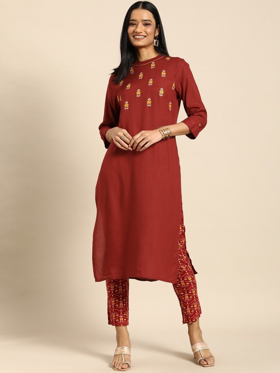 All About You Women Red Floral Embroidered Regular Thread Work Kurta with Trousers