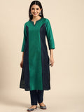 All About You Women Green & Navy Blue Colourblocked Kurta with Trousers
