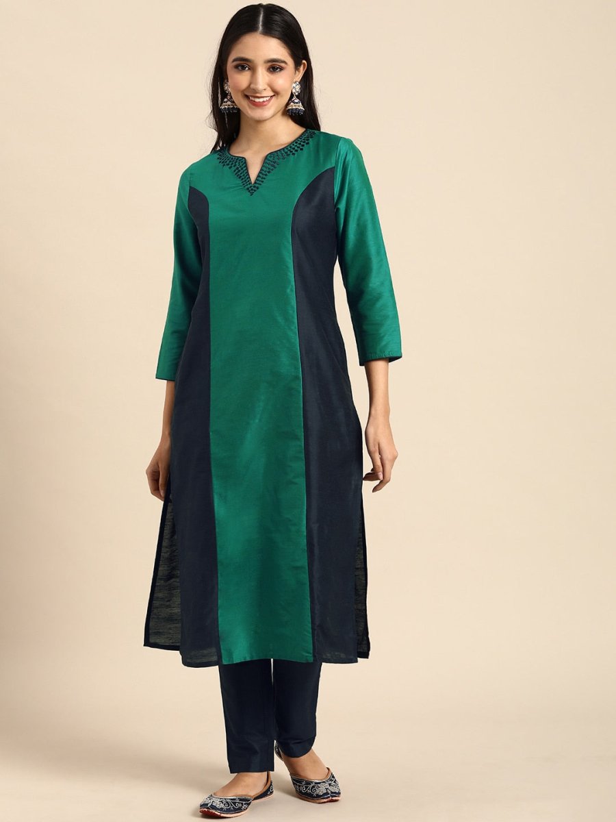 All About You Women Green & Navy Blue Colourblocked Kurta with Trousers