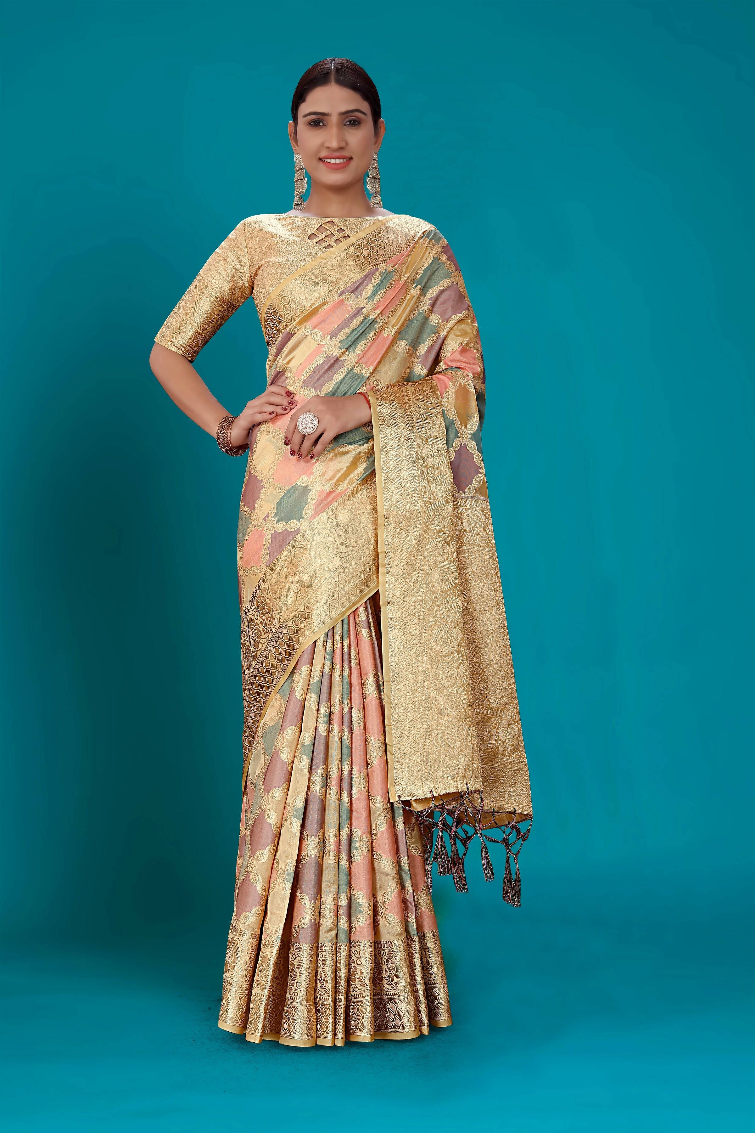 Beige Soft Organza Woven Design Saree with Unstitched Blouse Piece - Zaara