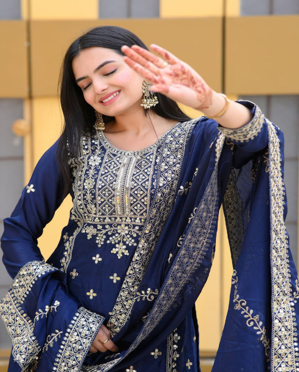 Yash Enterprise Alluring Chinon Silk Navy Blue Embroidery Work Readymade Salwar Suit