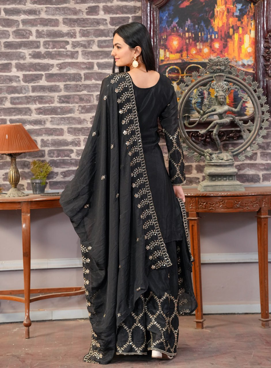 Yash Enterprise Black Chinon Silk Party Wear Embroidery Party Wear Suit Set
