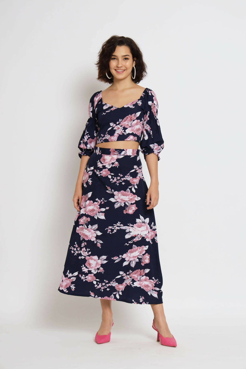 Blue Crepe Floral Printed Top with Matching Skirt - Shivani