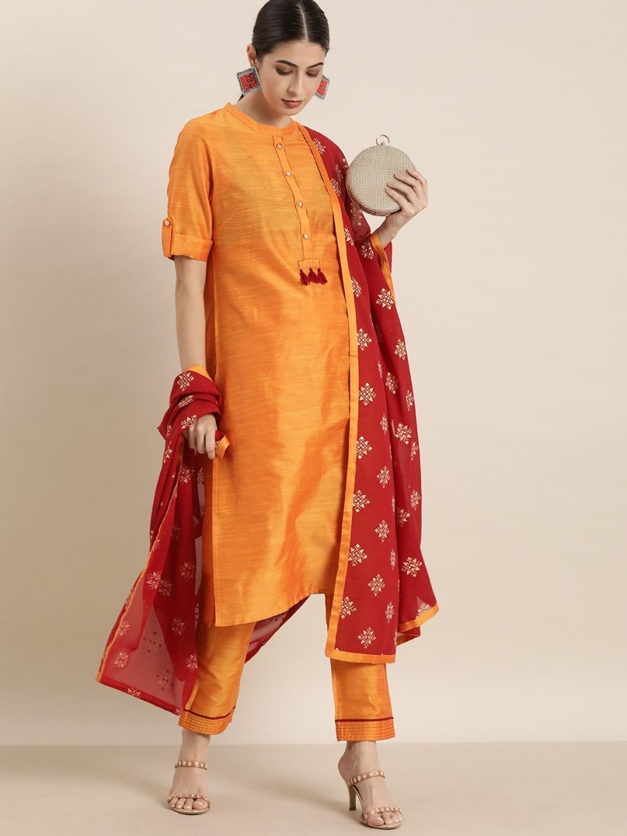 All About You Women Orange Regular Kurta with Trousers & With Dupatta