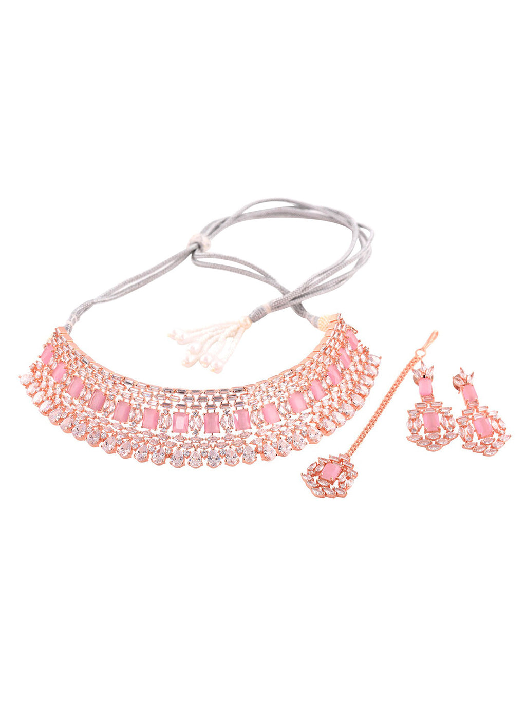 Saraf RS Jewellery Rose Gold-Polished & Pink AD Studded Handcrafted Jewellery Set