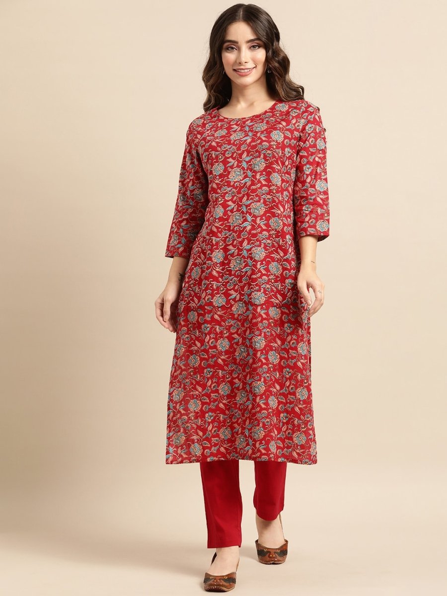 All About You Women Red Floral Printed Pure Cotton Kurta with Trousers