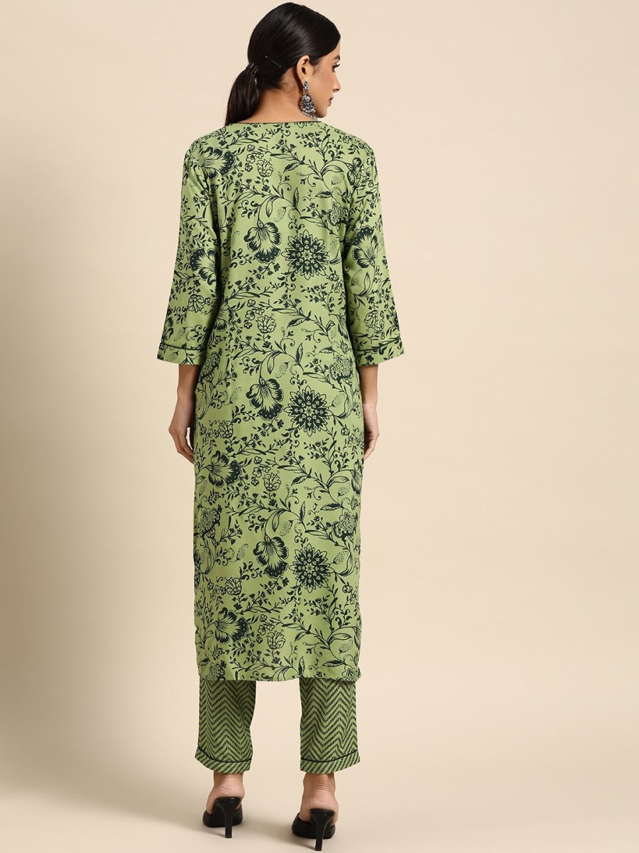 All About You Women Green Ethnic Motifs Printed Kurta with Trousers