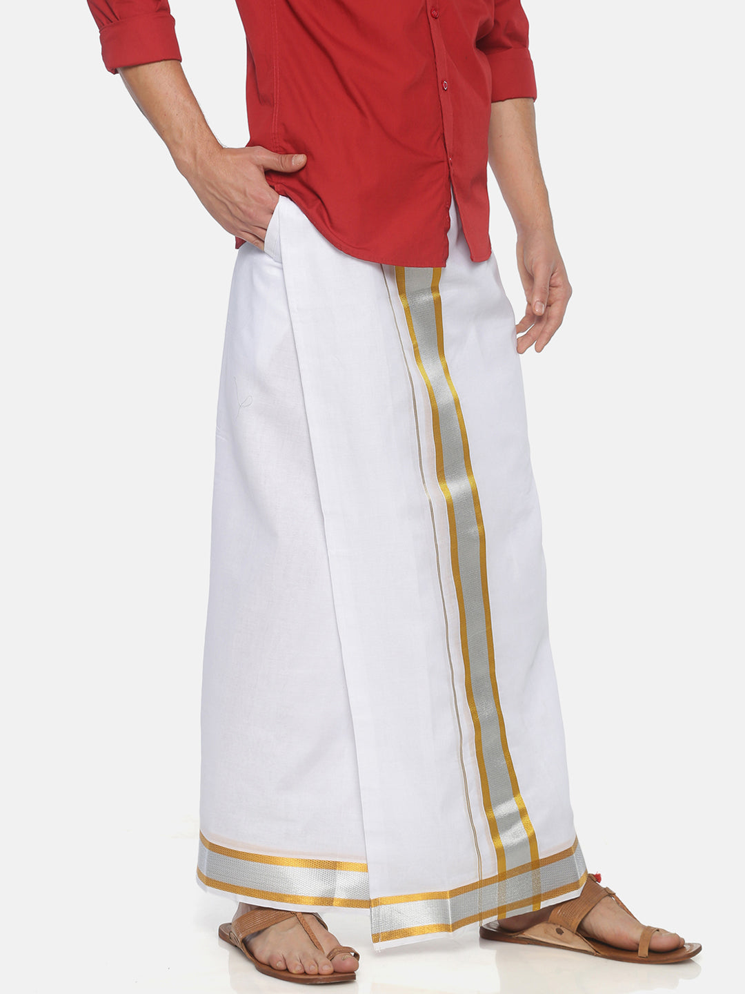 Sethukrishna Men White Solid Double Layer Readymade Pocket Dhoti