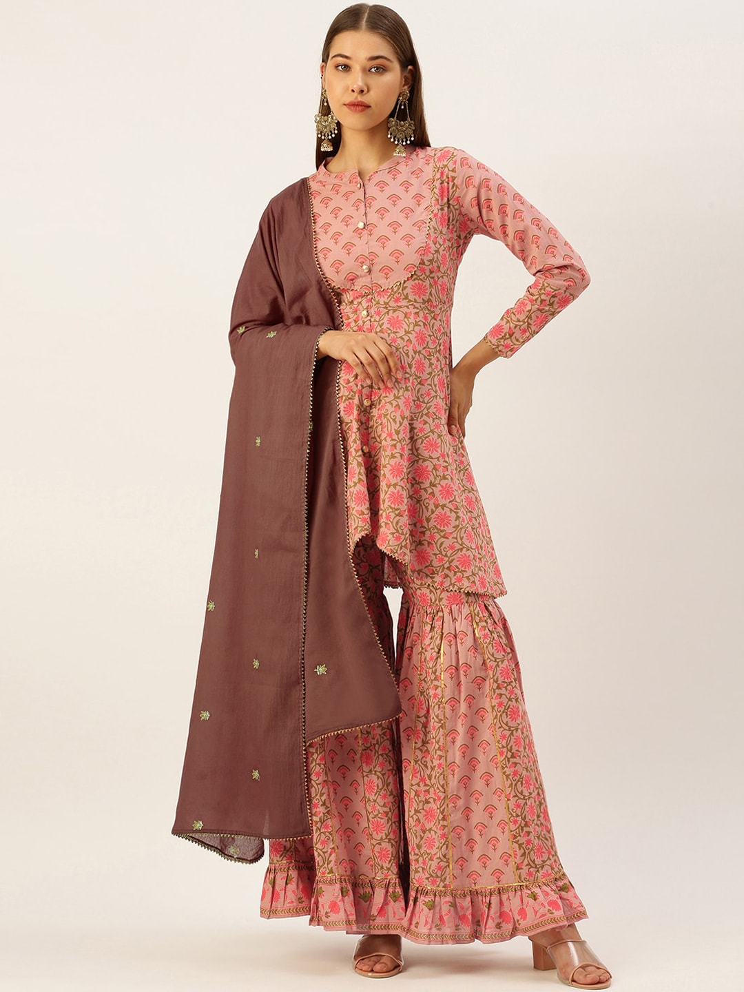 HERE&NOW Women Pink & Coffee Brown Printed Cotton Kurti with Sharara & With Dupatta