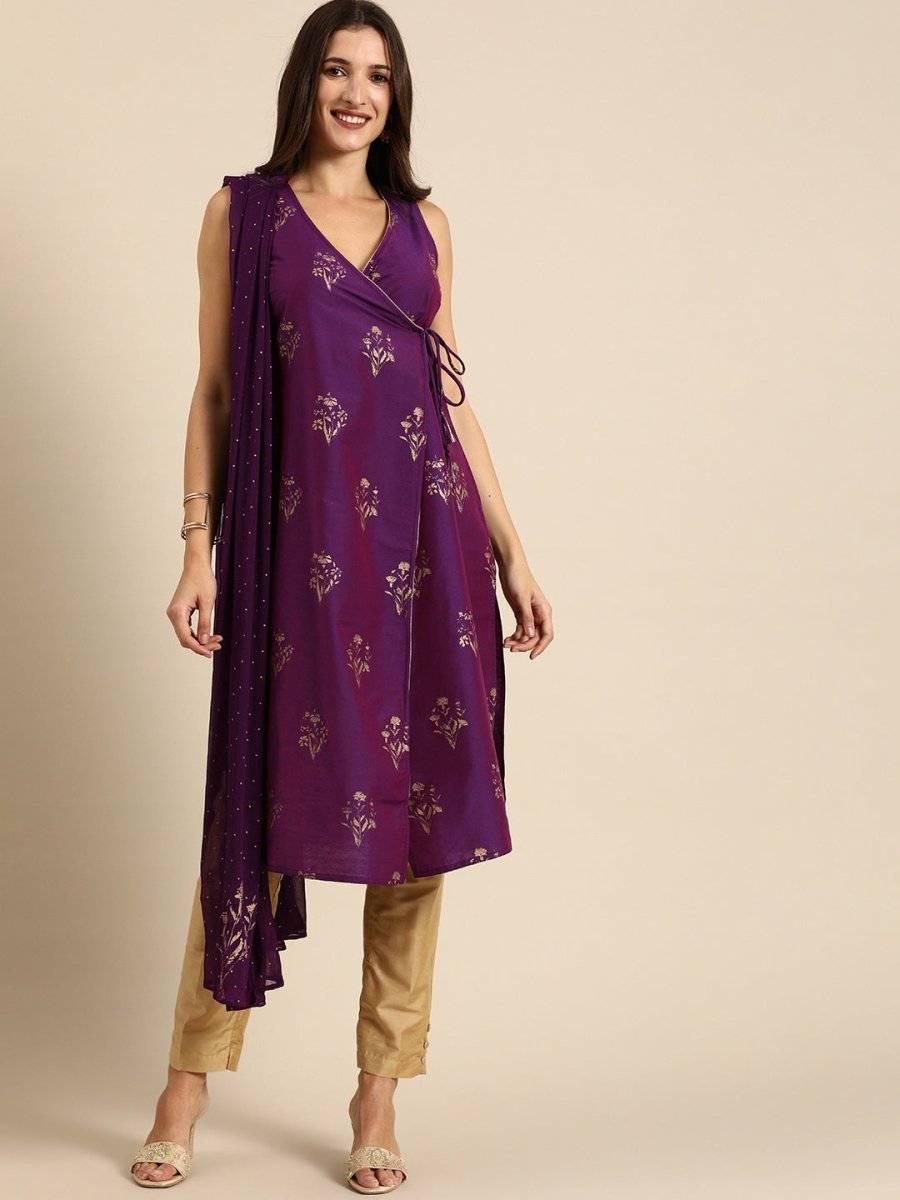 All About You Women Purple Ethnic Motifs Foil Printed Angrakha Kurta Set