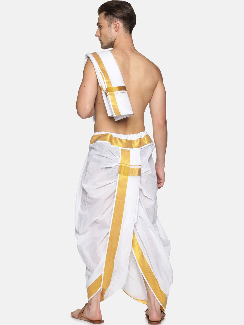 Sethukrishna Men White & Gold-Toned Solid Ready Made Dhoti Pants