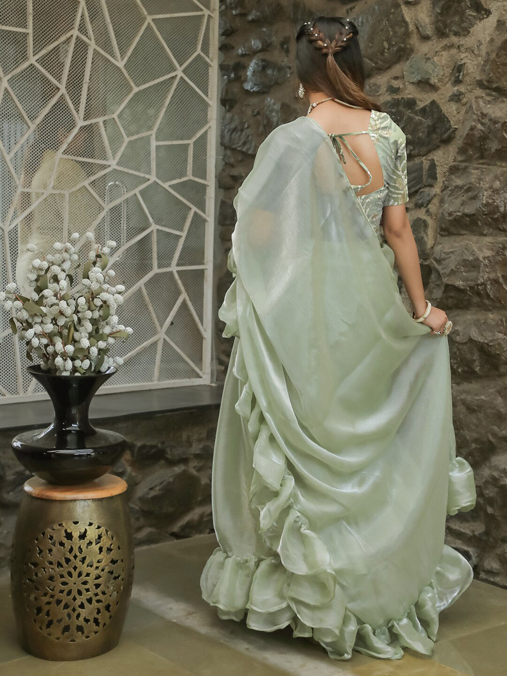 Tikhi Imli Embellished Sequinned Ruffled Ready to Wear Satin Saree