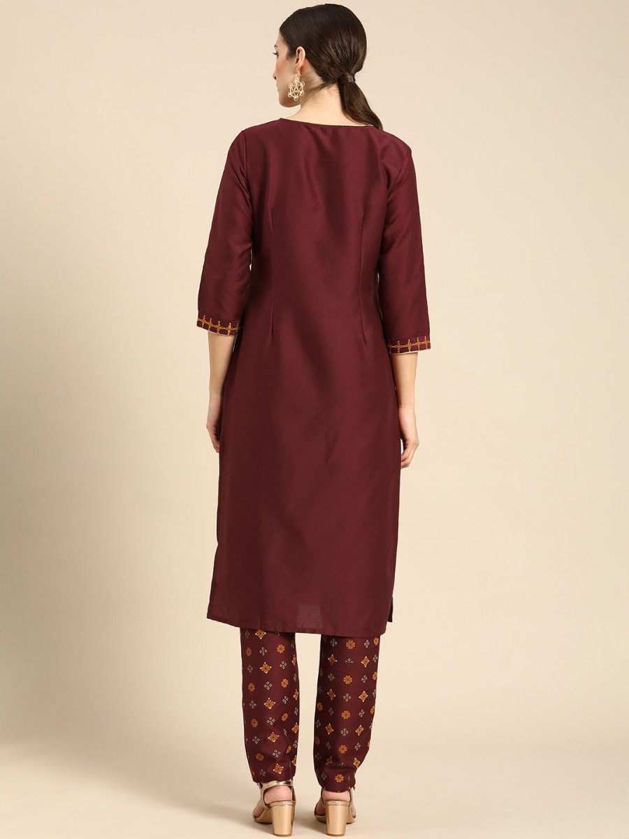 All About You Women Maroon Floral Yoke Design Regular Kurta with Trousers