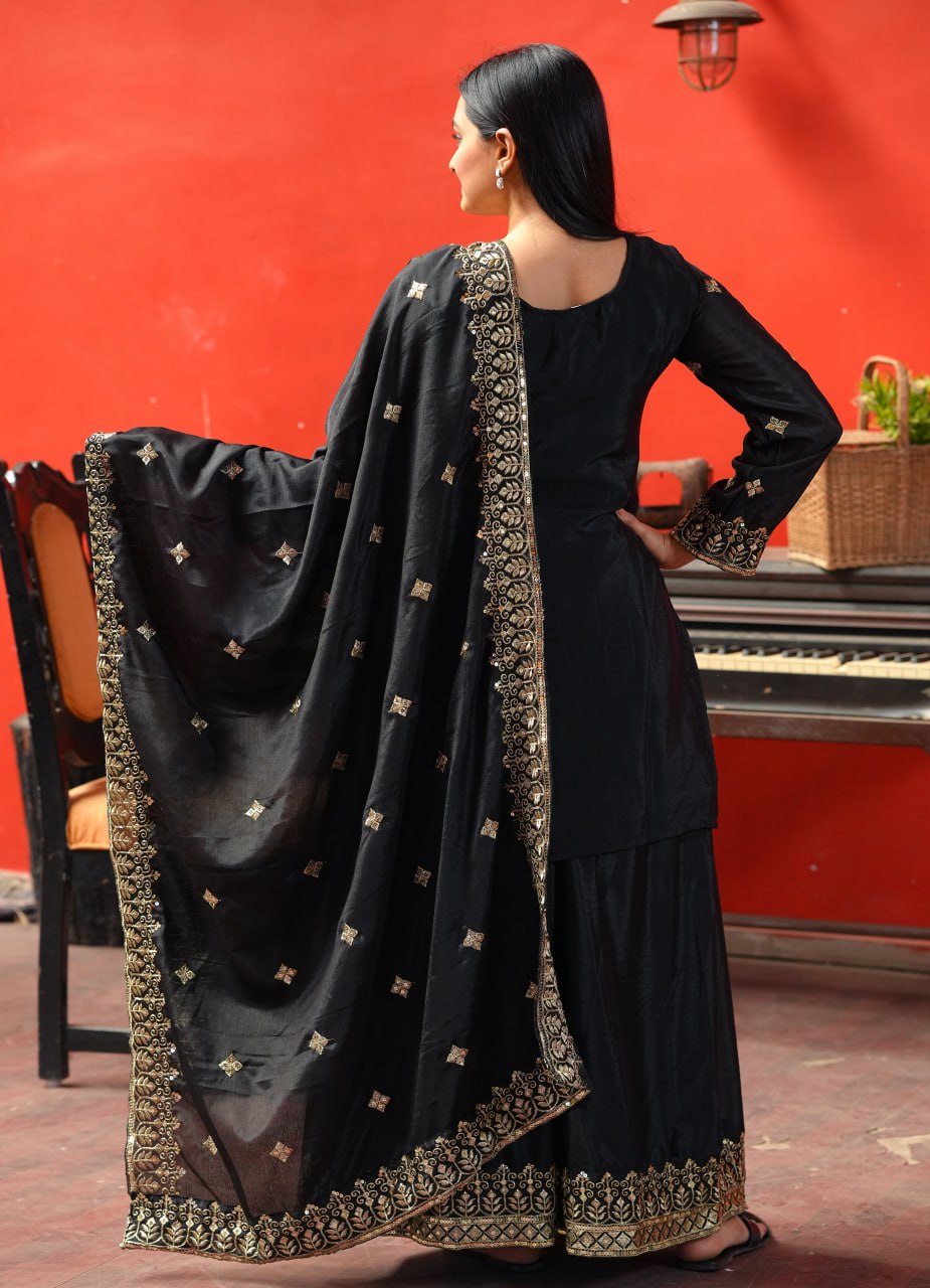 Yash Enterprise Black Chinon Silk Party Wear Embroidery Party Wear Suit Set