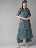 Aks Chevron Printed Band Collar A-Line Kurta