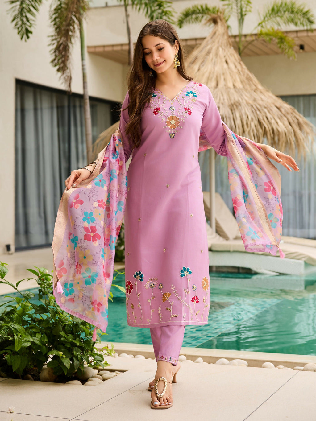 The52 Lavender Women's Gorgeous Embroidered work Viscose Gadhwal Fabric Straight Kurta, Pant and Dupatta Set
