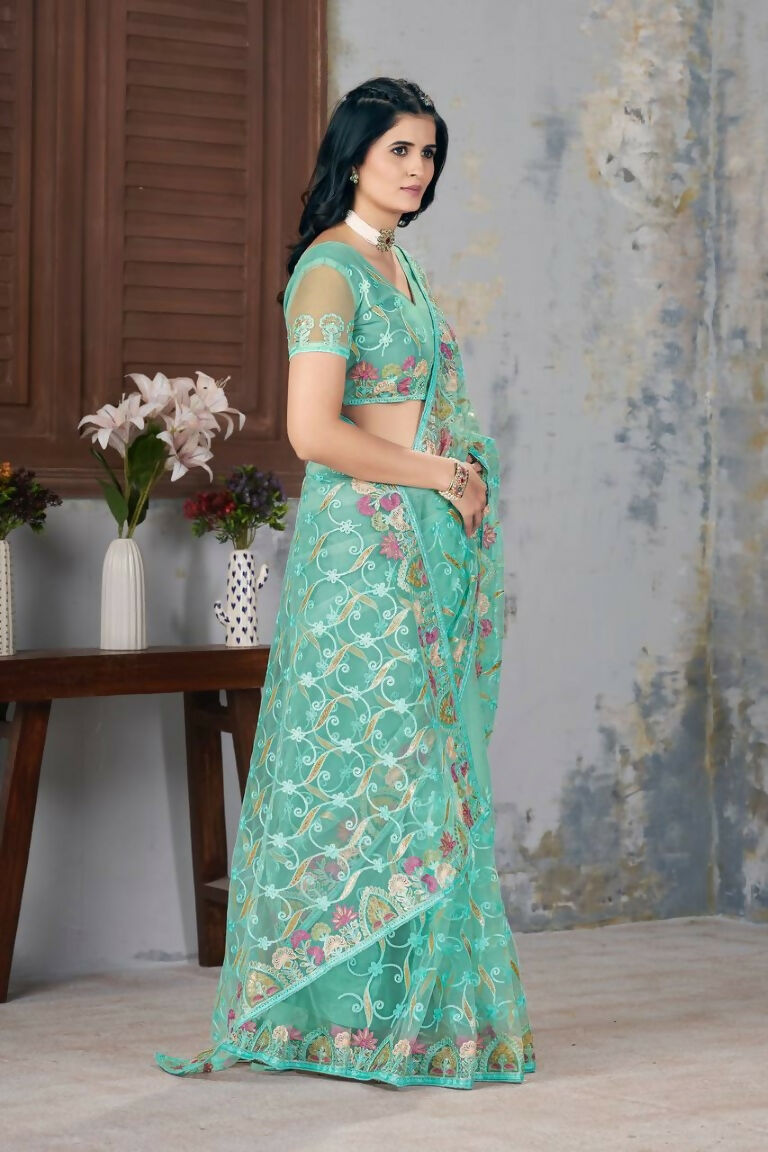 Vastranavya Soft Crush Georgette With Embroidery and Foil Multi Thread Work Saree - Turquoise