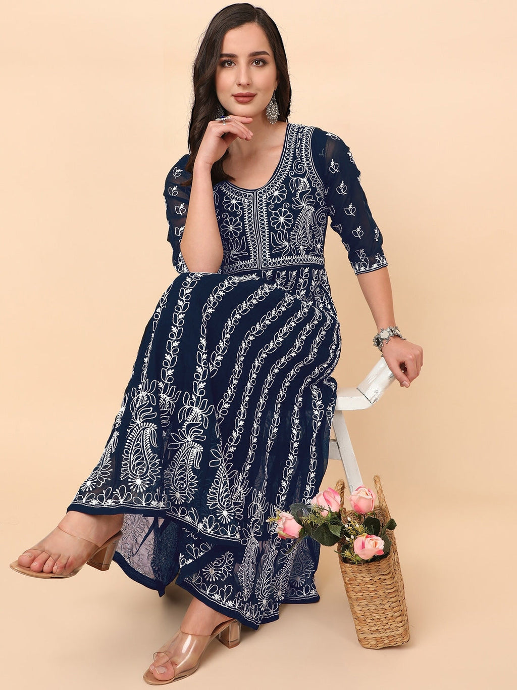HERE&NOW Women Chikankari Embroidered Thread Work Georgette Anarkali Kurta