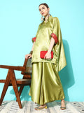 InWeave Women's Olive Red Brocade Satin Boho Kurta Palazzo Set