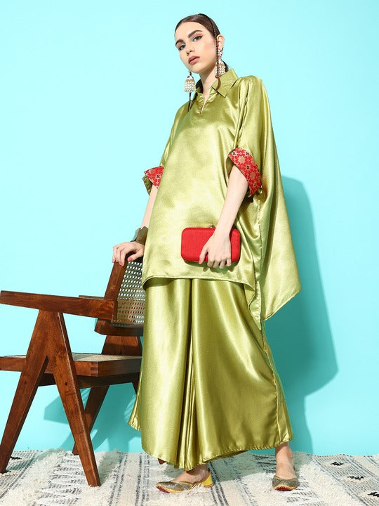 InWeave Women's Olive Red Brocade Satin Boho Kurta Palazzo Set