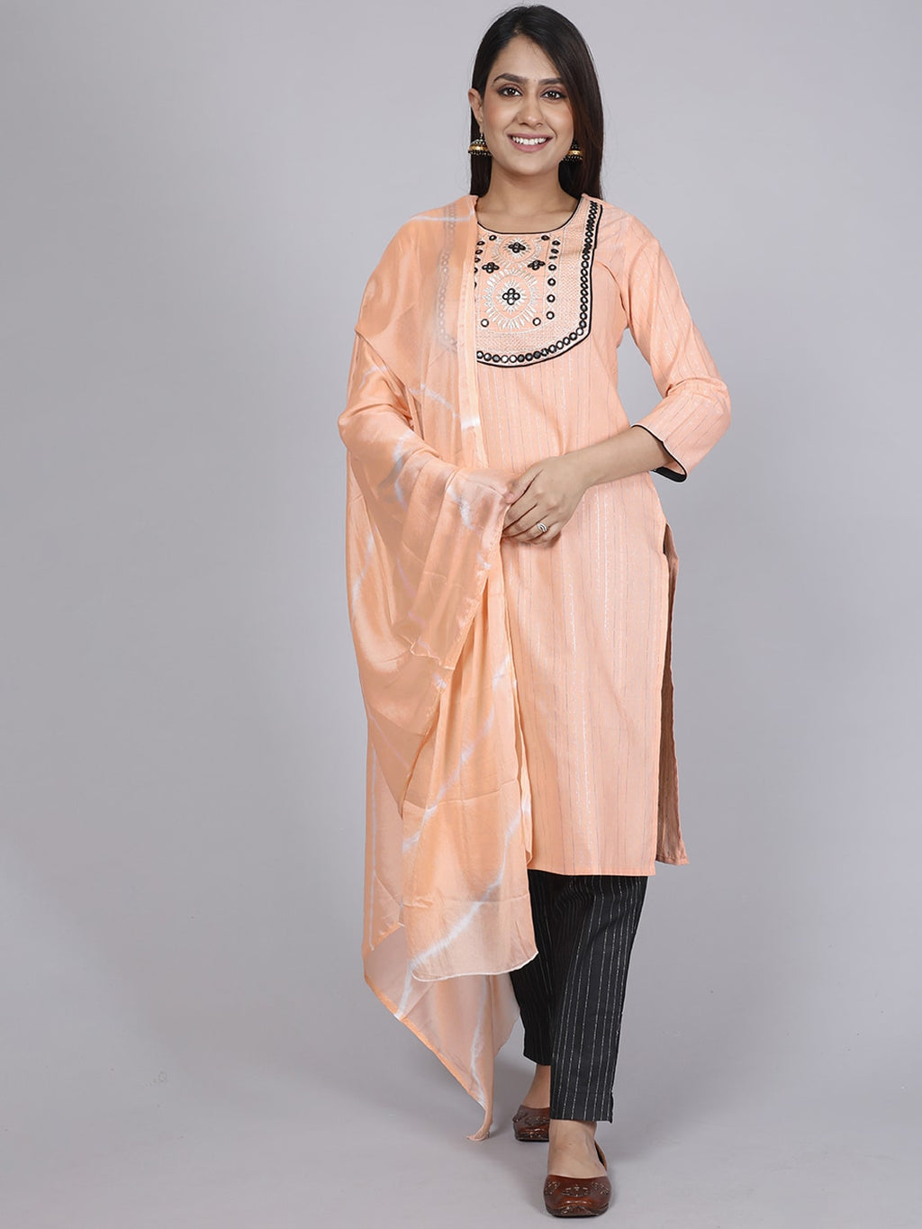 HERE&NOW Women Orange Floral Yoke Design Mirror Work Kurta with Trousers & Dupatta