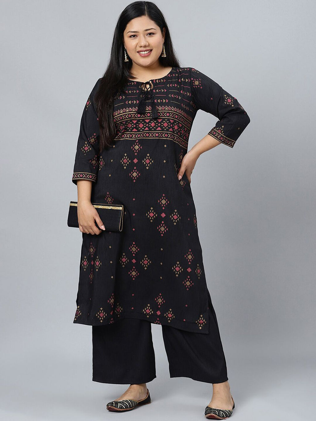 Sztori Plus Size Black Printed Keyhole Neck Straight Kurta with Palazzos