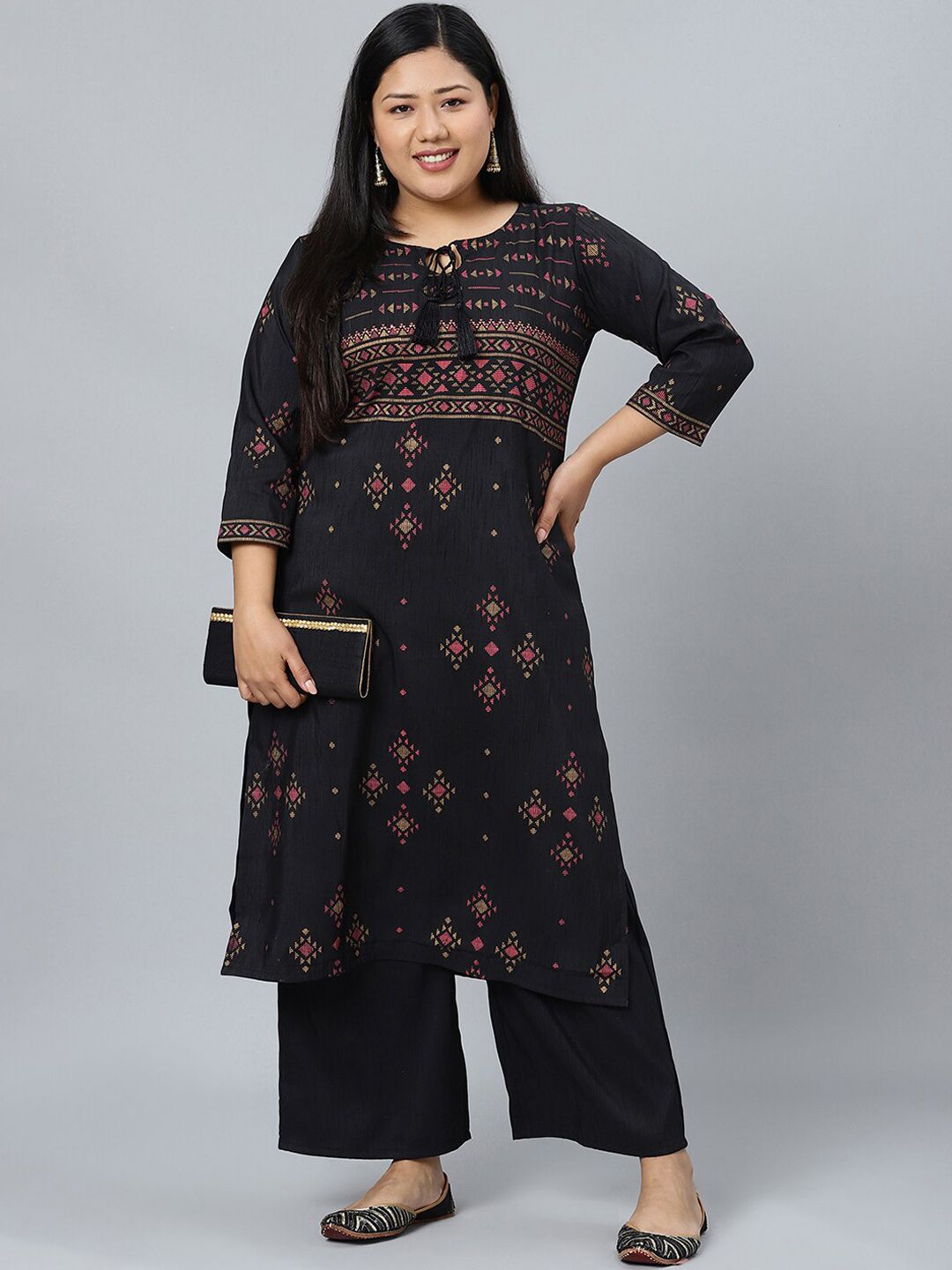 Sztori Plus Size Black Printed Keyhole Neck Straight Kurta with Palazzos