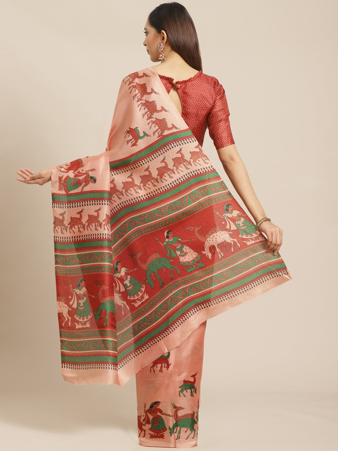 Saree Mall Peach-Coloured & Red Printed Saree